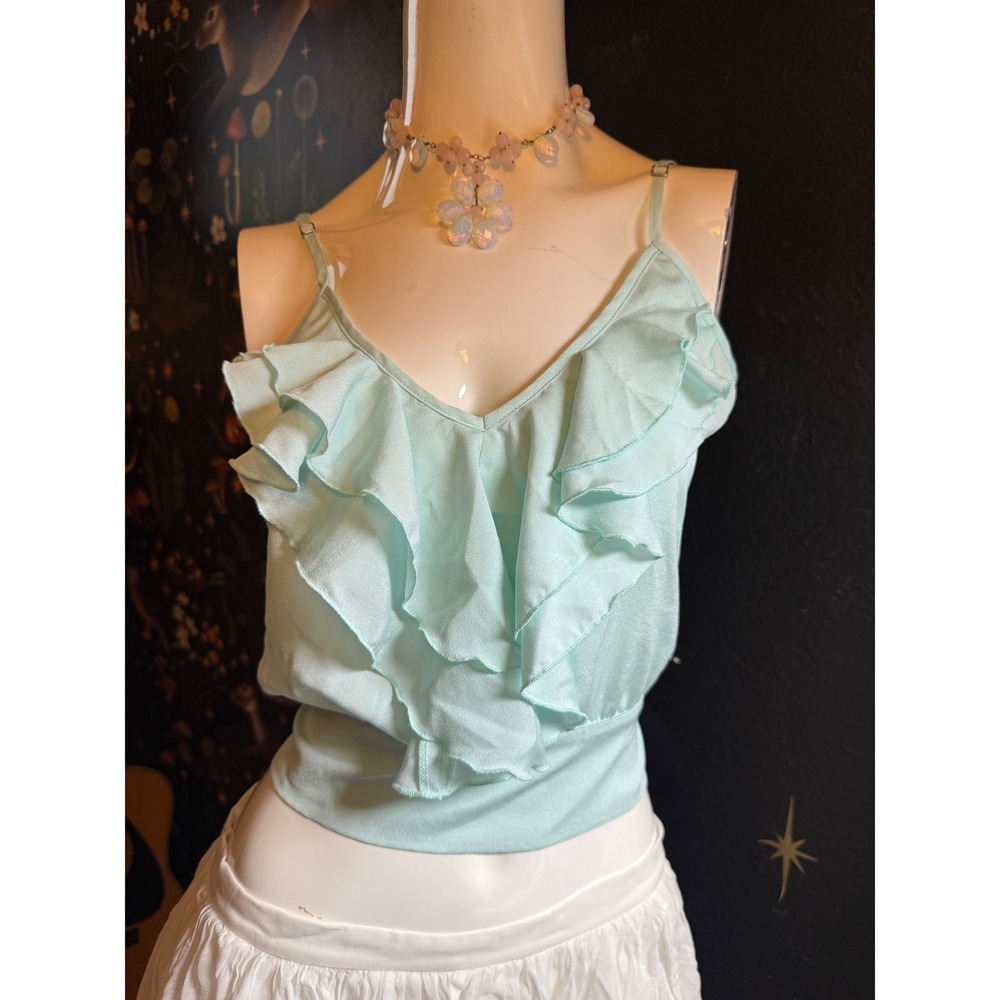Caribbean Queen Mint Green Ruffle V-Neck Cami Crop Top Adjustable Straps Small